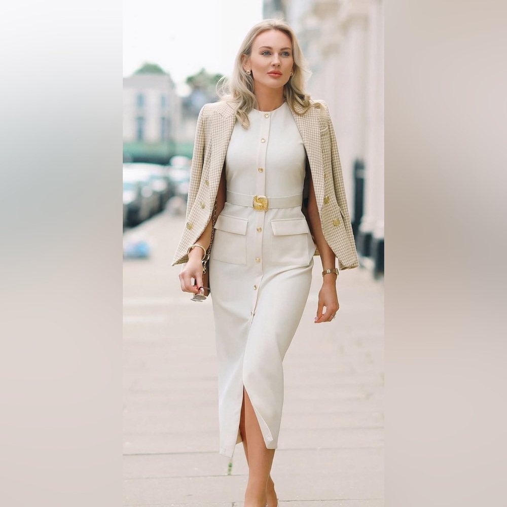 Zara NWT Elegant Cream Sleeveless Belted Midi Dress with Gold Details (Medium) - Picture 9 of 16